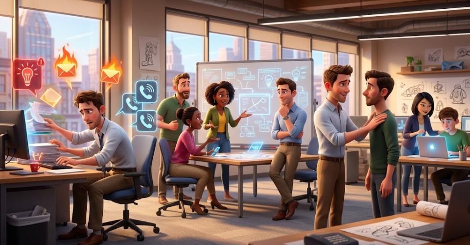 A bright, modern office scene in a stylized 3D illustration. On the left, a stressed employee works at a cluttered desk while glowing icons for emails, messages, and phone calls pile up around him, some appearing on fire to symbolize overload.