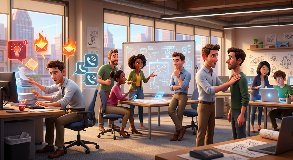 A bright, modern office scene in a stylized 3D illustration. On the left, a stressed employee works at a cluttered desk while glowing icons for emails, messages, and phone calls pile up around him, some appearing on fire to symbolize overload.