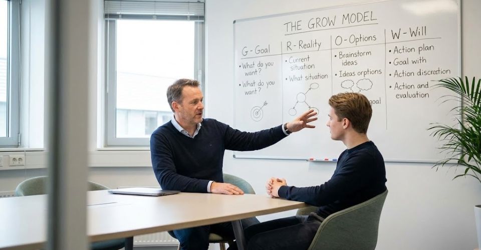A man is coaching another man in an office with a "GROW Model" whiteboard. They are engaged in discussion, conveying focus and collaboration.