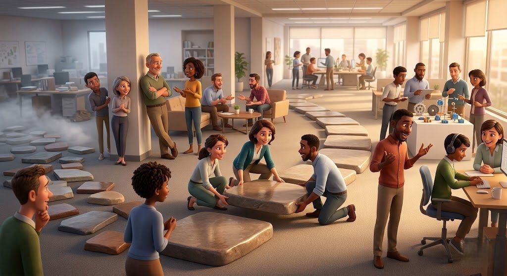 Illustration of a diverse workplace team collaborating, communicating and problem-solving together in a modern office.